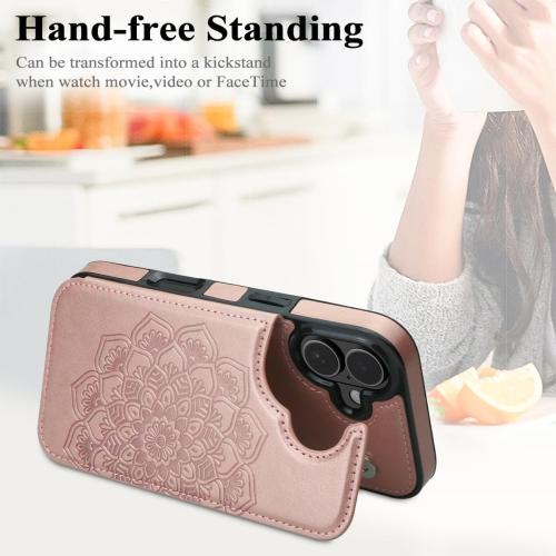 MMHUO for iPhone 17 Case with Card Holder,Flower Magnetic Buttons Protective Wallet Case for Women for iPhone 17 (6.3 Inch),Rose Gold