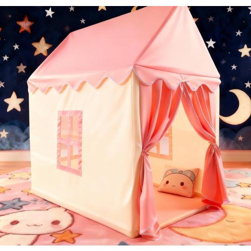 Pink Play Tent House with Curtains — Indoor Princess Playhouse with Soft Fabric Roof & Windows, Stable Frame Structure, Cozy Reading & Play Space for Home Use