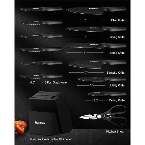 Astercook Knife Set, Kitchen Knife Set with Built-in Sharpener Block, Dishwasher Safe, 15 Pieces German Stainless Steel Knife Block Set, Black
