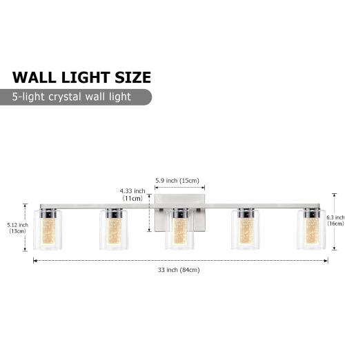 SADENICEL 5 Light Bathroom Light Fixtures, Brushed Nickel Vanity Lights Crystal Dimmable LED White/Neutral/Warm Bathroom Lights Over Mirror for Bathroom, Bedroom,Living Room (5 Light)