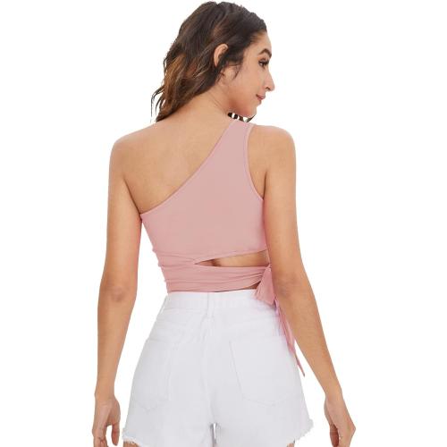 Size M Verdusa Women's One Shoulder Tie Knot Side Sleeveless Solid Tank Crop Top Pink Solid