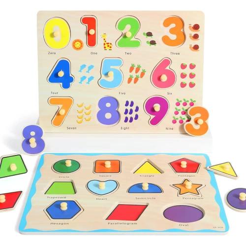 GRINNNIE Wooden Montessori Toddler Puzzles for 3 4 5 Years Old, 3 Pcs (Number, Letter, Shape) Kids Preschool Educational Peg Puzzle Set