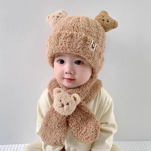 Kids Toddlers Winter Warm Cartoon Plush Hat with Scarf Hoodie Earflap Hat 2 in 1 Set Scarf Shawl Wraps Mittens (Khaki)