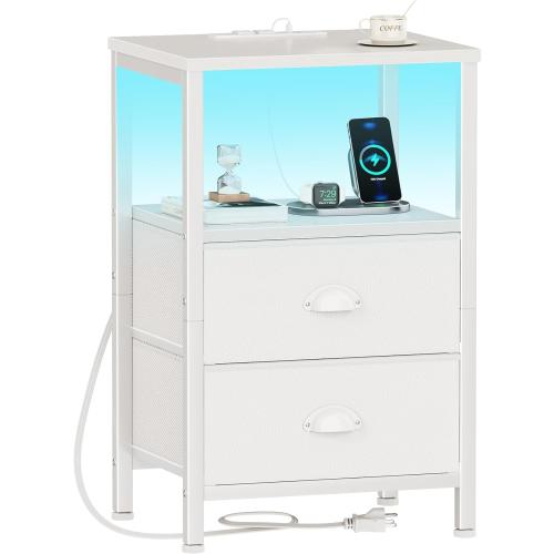 Furologee LED Night Stand with Charging Station, White Nightstand with Fabric Drawers, Bedside Table with Storage Shelf, End Table for Living Room/Bedroom/Dorm