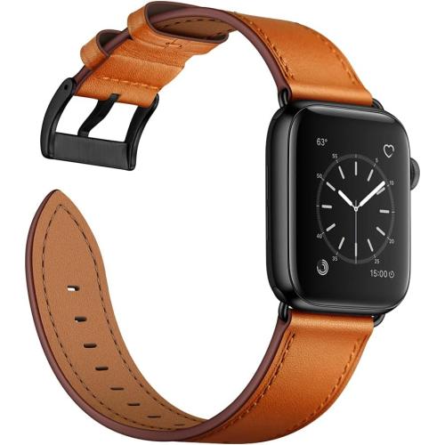 OUHENG Leather Bands Compatible with Apple Watch Band 49mm/46mm/45mm/44mm/42mm, Genuine Leather Replacement Strap for iWatch Series 11/10/9/8/7/6/5/4/3/2/1 & Ultra 3/2/1 & SE3 SE2 SE, Brown/Black