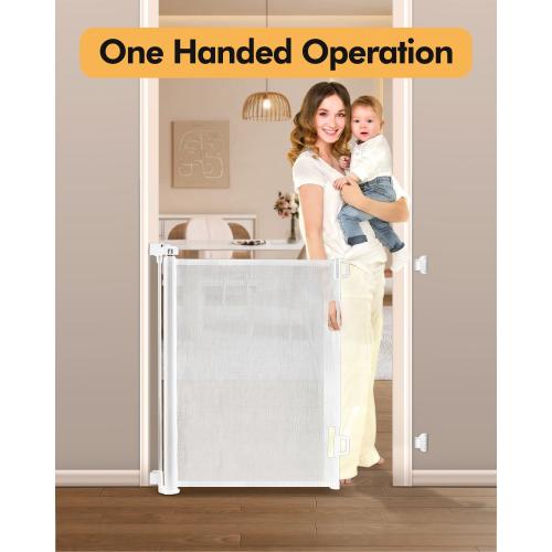 Retractable Baby Gate for Stairs & Doorways, 55 Wide x 33.6 Tall Easy Installation Mesh Dog Gate for Indoor & Outdoor Use,Pet and Dog Safety Gate for Hallways(White)