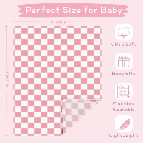 Yurhap Checkered Baby Blanket for Girls Pink Fleece Baby Blankets for Girls Boys, Warmer Comfort Lightweight Bed Blanket for Toddlers Infants or Newborn, 30''x40'', Pink