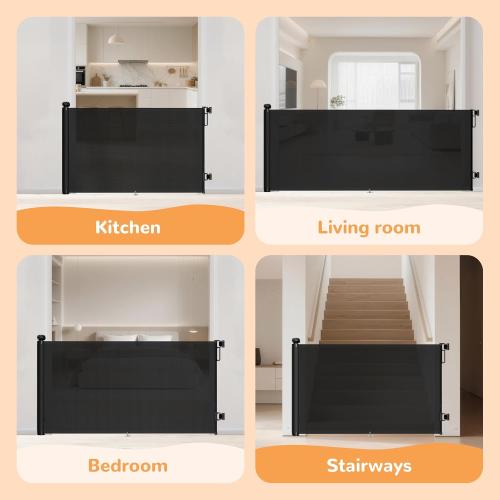 Retractable Baby Gate for Stairs - 34 Tall Extends to 55 Wide Mesh Baby Gate with Anti-Crawling Hook, Adjustable Baseboard Bracket, Pet Gate for Doorways, Hallways, Indoor, Black