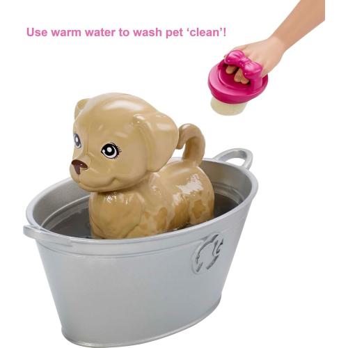 Barbie Play 'n Wash Pets Playset with 3 Color-Change Animals & 10 Toy Accessories, Blonde Fashion Doll with Blue Eyes