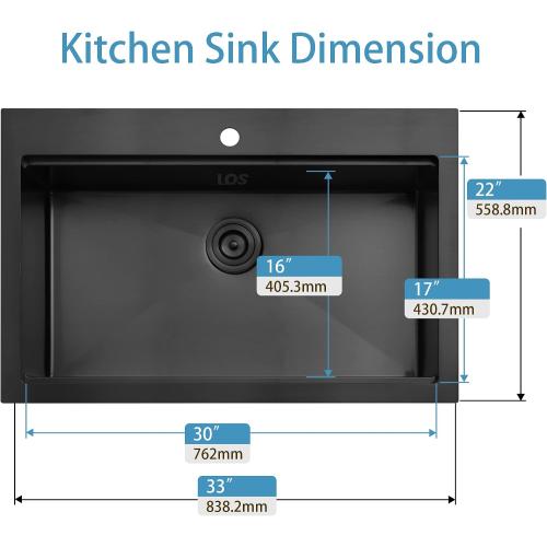 Black Drop In Sink 33x22, Matte Black Stainless Steel Sink Drop In 33x22, 16 Gauge Stainless Steel Black Kitchen Sink with Workatation Ledge and Abundant Accessories