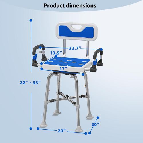 Swive Shower Chair with Arms and Back Heavy Duty 500 lbs for Seniors Elderly Disabled or Bariatric Adults Bench Seat for Inside Shower Stall and Bathroom Bath Tub Seats Adjustable Stool