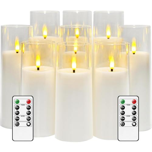 Flickering Flameless Candles Battery Operated with Remote and 2/4/6/8 H Timer Acrylic Led Pillar Candles Pack of 9 (appr D2.3xH5.56.57.5)with Realistic 3D Wick Candles for Home Decor(White)