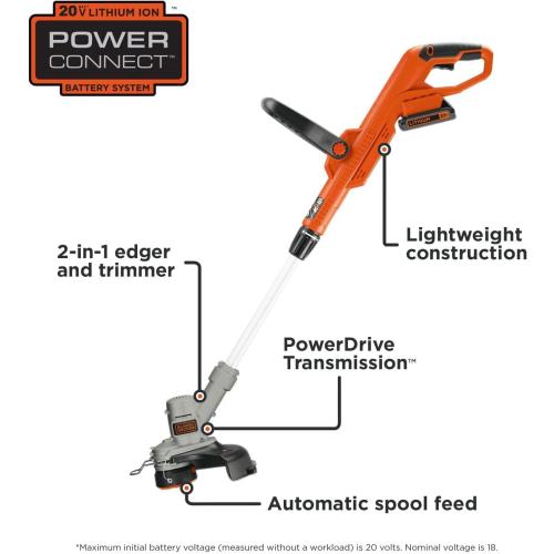 BLACK DECKER 20V MAX String Trimmer and Edger 2 in 1, Cordless Weed Wacker with Auto Spool Feed, Battery and Charger Included, 12 Inch Steel Blade, Reduced Vibration (LST300)