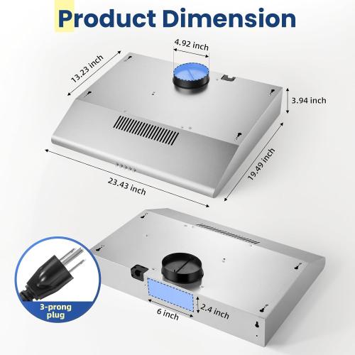 24 inch Range Hood Under Cabinet, Stainless Steel Range Hood 280CFM, Slim Kitchen Stove Hood w/Push Button, Ducted/Ductless Convertible, 3 Speeds Exhaust Fan, LED Light and Carbon Filter