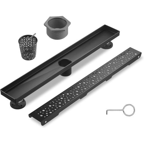 Linear Shower Drain 24 Inch, Bubbles Shower Drain SUS-304 Stainless Steel, 51L/Min Fast Drainage Floor Linear Drain, US Standard CUPC Certified, Matte Black, SD-099