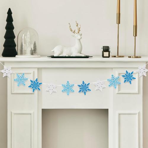 Whaline 4Pcs Snowflake Felt Banner WHITE PINK AND DARK PINK  Snowflake Garland Winter Bunting Garland for Christmas Winter Holiday Hanging Decoration