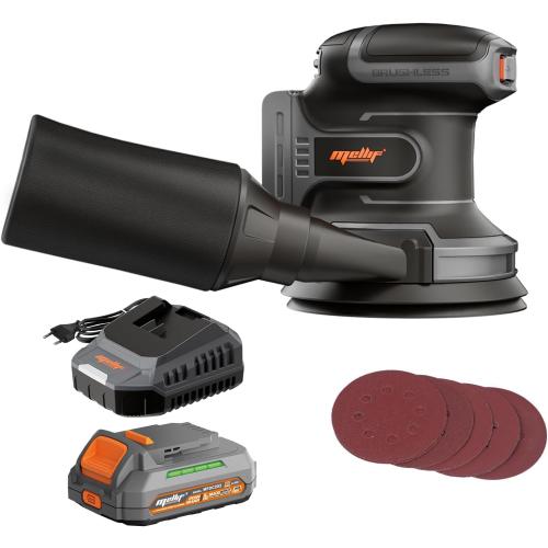Black and Grey 5 Mellif 5 Inch Random Orbital Sander Compatible with Dewalt 20v Max Battery, Cordless Brushless Palm Orbit Sander, Dust Bag, 6 Speeds, 12000 OPM, 2.0 Battery & Charger Kits, 10PCS Sandpaper Sheets