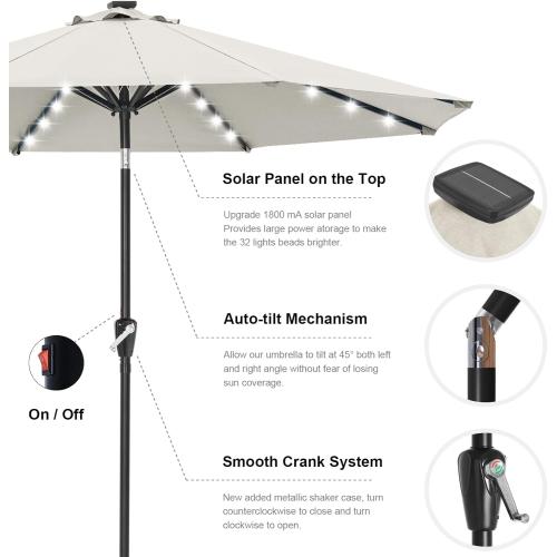 ABCCANOPY Durable Solar Led Patio Umbrellas with 32LED Lights 9FT (Light Beige) | Fade & UV Resistant Fabric,8 Heavy-Duty Ribs,Waterproof，Wind Vent Top,Crank & 45° Tilt,Ideal for Patio,Backyard,Garden