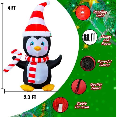 SEASONBLOW 4 Ft LED Light Up Inflatable Christmas Penguin with Scarf & Candy Decoration for Yard Lawn Garden Home Party Indoor Outdoor Holiday Xmas Decor