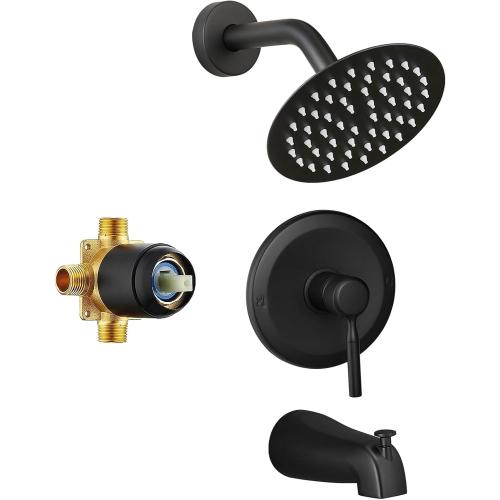 Tub Shower Faucet Set Valve Included with 6-Inch Rain Shower Head and Tub Spout Single-Handle Tub and Shower Trim Kit Matte Black