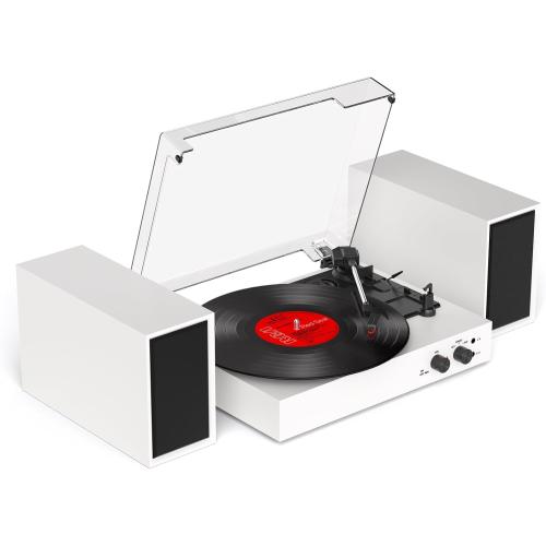 Record Player with External Speakers – Vintage Bluetooth Turntables for Vinyl Records, 3 Speed Belt Drive Vinyl Player with Dual Stereo Speakers, PC Encoding, RCA/AUX/Headphone, in White