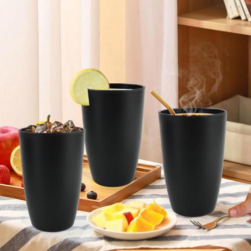 Wheat Straw Cups 20 OZ Set of 6, Unbreakable Drinking Cup Reusable, Alternative to Plastic Cups Reusable, Dishwasher Safe Drinking Glasses for Kitchen Water Tumblers (Black)