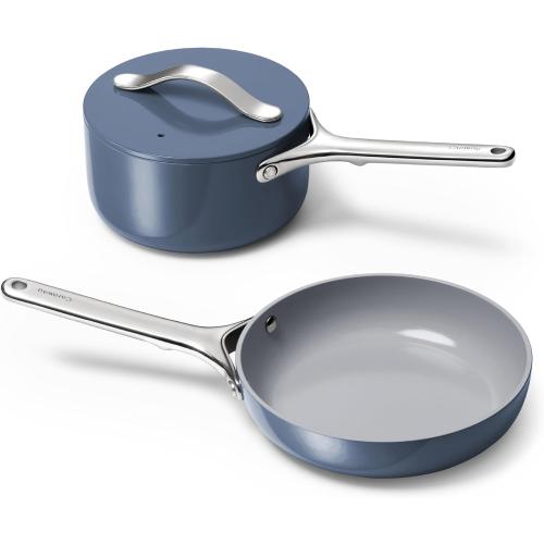 Caraway Mini Cookware Set - Non-Stick Ceramic Fry Pan (1.05 qt, 8) Sauce Pan (1.75 qt) & Storage Rack - Non Toxic, PTFE & PFOA Free - Oven Safe & Stovetop Agnostic (Gas, Electric & Induction) - Navy