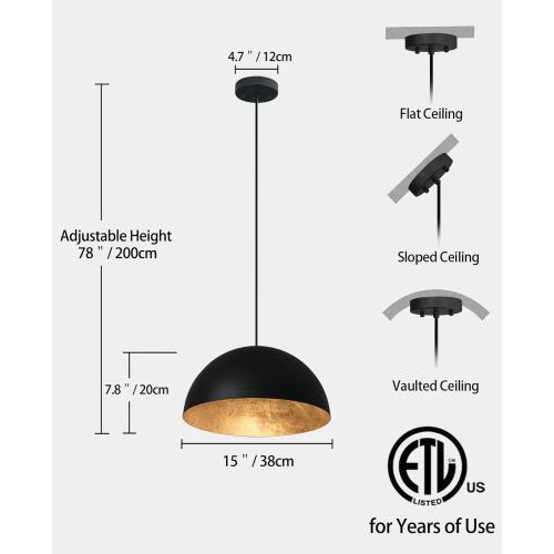 15 Inch Black and Gold Pendant Light, Bold Textured Matte Black Dome with Hand-Applied Gold Leaf Interior, Hanging Chandelier Fixture for Kitchen Island, Dining Room, or Bar