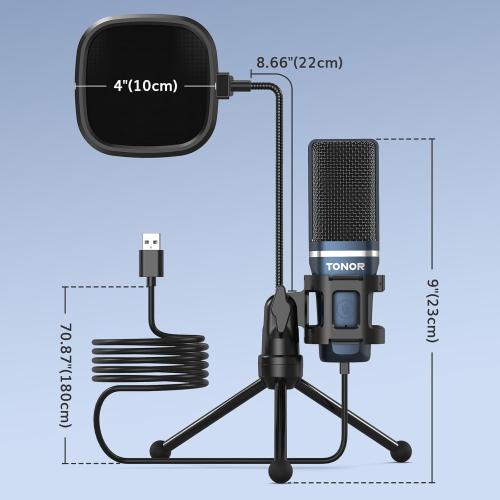 Color Blue TONOR TC-777 Podcast Microphone, USB Computer Microphone, Cardioid Condenser PC Mic with Tripod Stand and Pop Filter for Podcasting, Streaming, Vocal Recording, Compatible with PC & Laptop, PS4/5