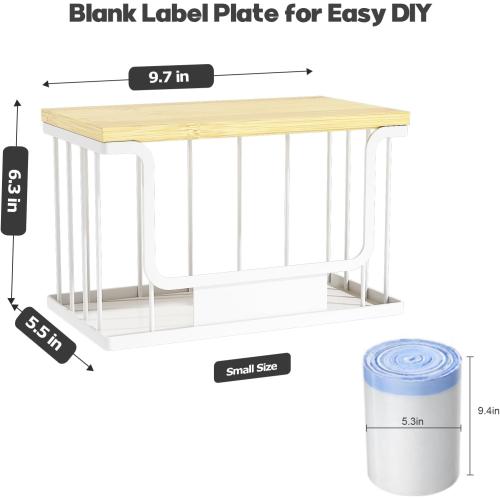 1 Pack Trash Bag Holder, Stackable Garbage Bag Dispenser Under Sink with Bamboo Top & Metal Base for Kitchen Countertop Organization and Storage, Laundry, Pantry Organizer (White, 9.7 × 5.5 × 6.3)