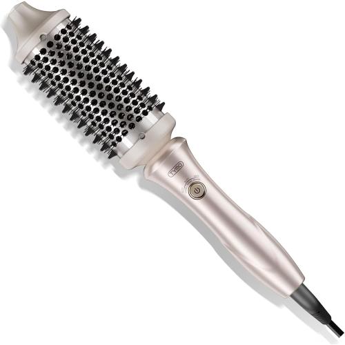 TYMO 2.0 Thermal Brush Curling Brush - STYLUX 1.7 Blowout Volumizer with Flexi-Fit for Hair Straightening, Heated Round Styler Tool, Hair Straightener and Curler 2 in 1, Dual Voltage & Light, Gold