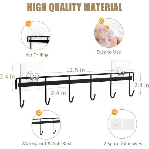 Kitchen Utensil Hanger, Adhesive Utensil Holder Wall Mount Kitchen Rack Rail with 12 Hooks, Space Saving and No Drilling, Black, 2 Pcs
