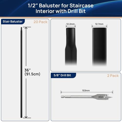 20 Pack 36 x 1/2 Wrought Iron Balusters for Staircase Interior, Hollow Stair Baluster, Plain Bar Stair Railing Indoor Spindles Banister with 2 Drill Bit
