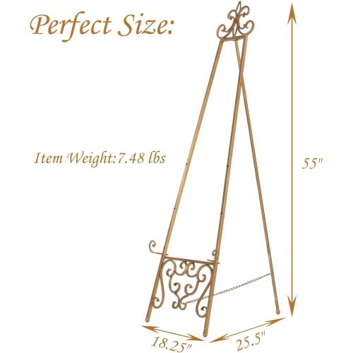 18.25L x 25.5W x 55H Metal Scroll Extra Large Free Standing Adjustable Display Stand Easel with Chain Support, Heavy Duty Easel for Sign, Wedding, Picture Frame, Mirror, Gold (No Assembly Required)