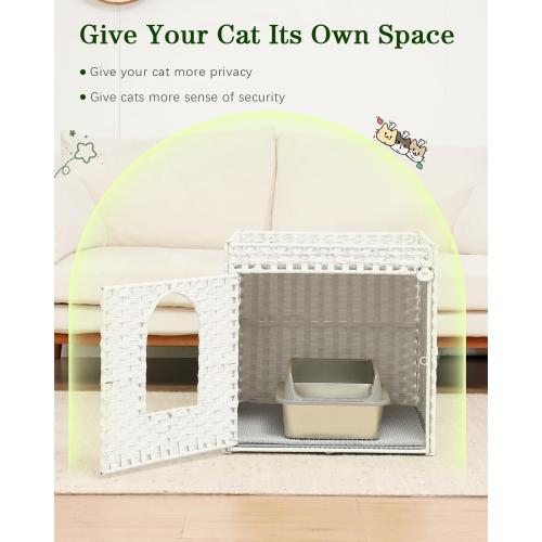 SETVSON Cat Litter Box Enclosure Furniture, Large PE Rattan, White | Large PE Rattan Kitty House fits Large Litter Boxes, Top Fence, Included Litter Mat, 2 S-Hooks, Sturdy Metal Frame