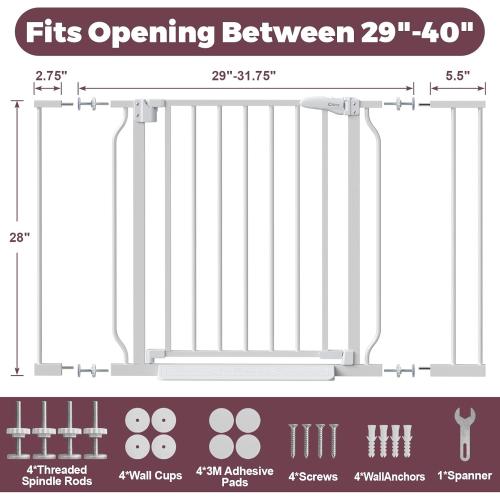 Baby Gate No Drilling, 29-40 Auto Close Dog Gate Indoor for Doorways & Stairs, Pressure Mounted Adjustable Pet Gate, Easy Walk Through Child Gate for Children & Pets Stroller Friendly, White