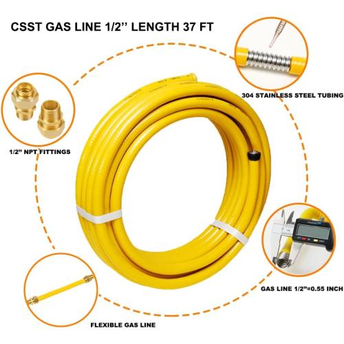 CSST Corrugated Stainless Steel Tubing 37 Ft 1/2 Flexible Natural Gas Line Pipe Propane Conversion Kit Grill Hose with Male Adapter Fittings