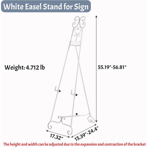 Metal Free Standing Adjustable Display Stand Scroll Easel with Chain Support, White Easel Stand for Sign, Wedding, Picture Frame. (No Installation Required)