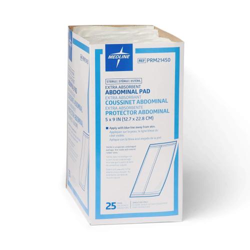 Medline Essentials Sterile Abdominal Pads, 5 x 9, Cellulose Center for Quick Absorption, Pack of 100
