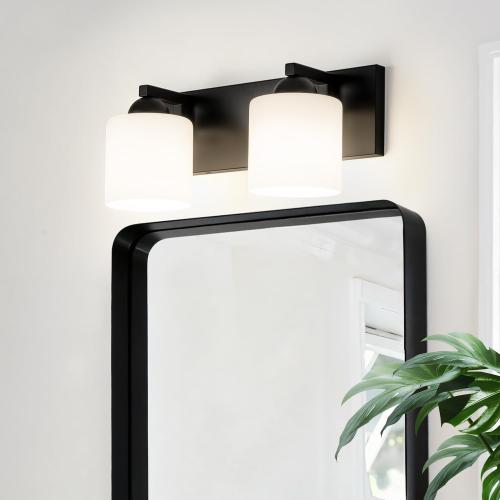 mirrea 2-Light Black Bathroom Vanity Light with White Glass Shades | Over Mirror,Wall Sconce,ETL listed,Bathroom Lighting Fixtures,Elegant Design,Milk White Glass Shade,Easy Installation