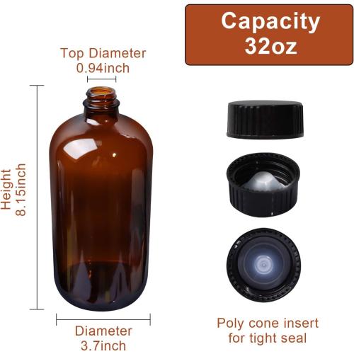 4 Pack 32 oz Amber Boston Round Glass Bottles with Black Caps for Secondary Kombucha Fermentation and Lab Chemicals (1 Funnel and 10 Pieces Black Chalkboard Labels Included)
