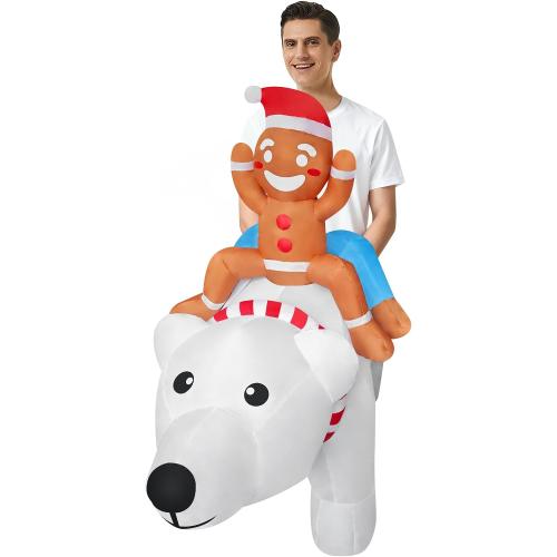 Funny Inflatable Gingerbread Man Riding On Polar Bear Costume Blow-Up Outfit for Adult/Christmas Parade/Halloween