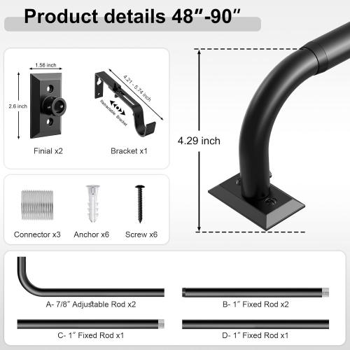 Black Curtain Rods, Heavy Duty Wrap Around Curtain Rod for Windows 48 to 84 Inch, Adjustable Decorative Blackout Drapery Pole, Modern Room Darkening Rod for Blackout Curtains, Matte Black