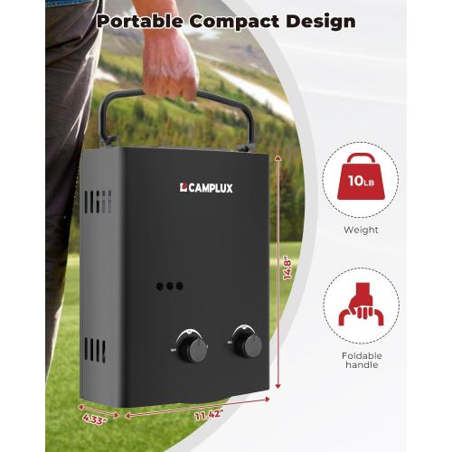 CAMPLUX 1.32 GPM Portable Water Heater, 5L Tankless Water Heater Propane Outdoor, AY132BN, Black