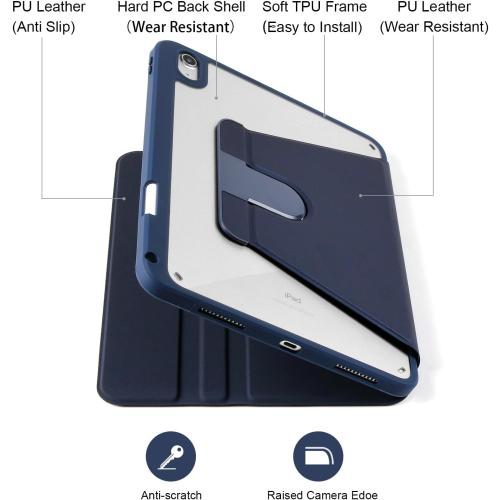 Rotating Case for 10th Gen iPad, Clear with Pencil Holder, 360 Folio Stand, Soft TPU, Sleep/Wake, Dark Blue