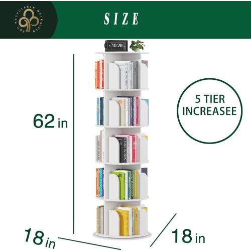 Rotating Bookshelf Tower 5 Tier,Spinning Bookcase, Revolving 360 Book Shelf Narrow Tall Bookcase, Vertical Turning Round storage Bookshelf ,Book Shelf Organizer for Bedroom, Living Room, White