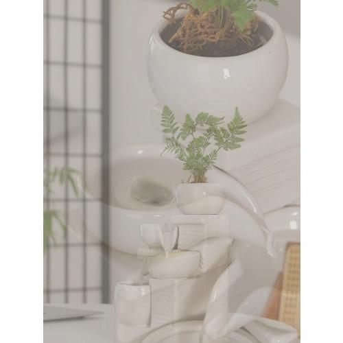 Indoor and Outdoor Tabletop Desktop Fountain Water Feature Home and Garden Ceramic Decoration (White S094)