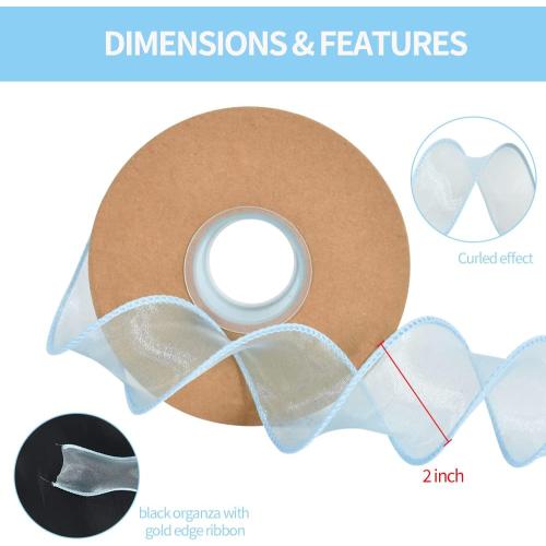 TONIFUL 1-1/2 Inch Wide Light Sky Blue Wired Chiffon Ribbon Sheer Organza Ribbons for Crafts Floral Bouquets Wedding Car Party Decorations Valentine's Day Gift Wrapping Bow Making Tree Wreaths