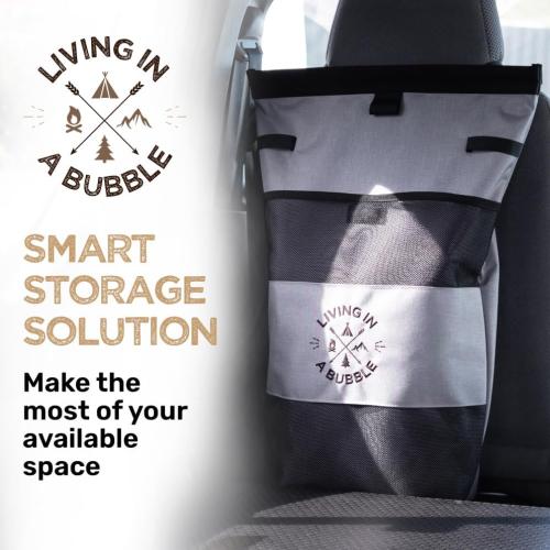 Living in a Bubble Premium Utility Bag for Campervans and Cars - Laundry Bag, Multipurpose Seatback Bag & Seat Back Organizer - Vanlife Accessory & Van Storage Solution - Grey