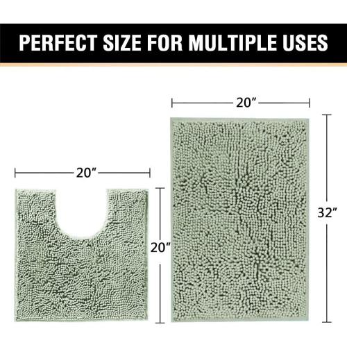 H.VERSAILTEX Original Luxury Chenille Bathroom Rug Mat (32 x 20/20 x 20), Extra Soft & Absorbent Shaggy Rugs, Machine Wash/Dry, Perfect Plush Carpet Mats for Tub (Curved Set, Sage)